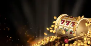 Изображение игрового автомата, выбрасывающего монеты с видимым числом 777, рекламирующее бесплатные вращения в Бабосс с захватывающим дизайном.